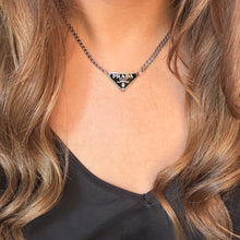 Load image into Gallery viewer, Authentic repurposed Prada 16” logo necklace - classic black silver PRE ORDER