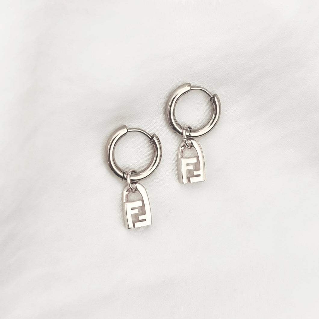 Authentic repurposed Fendi logo lock earrings silver
