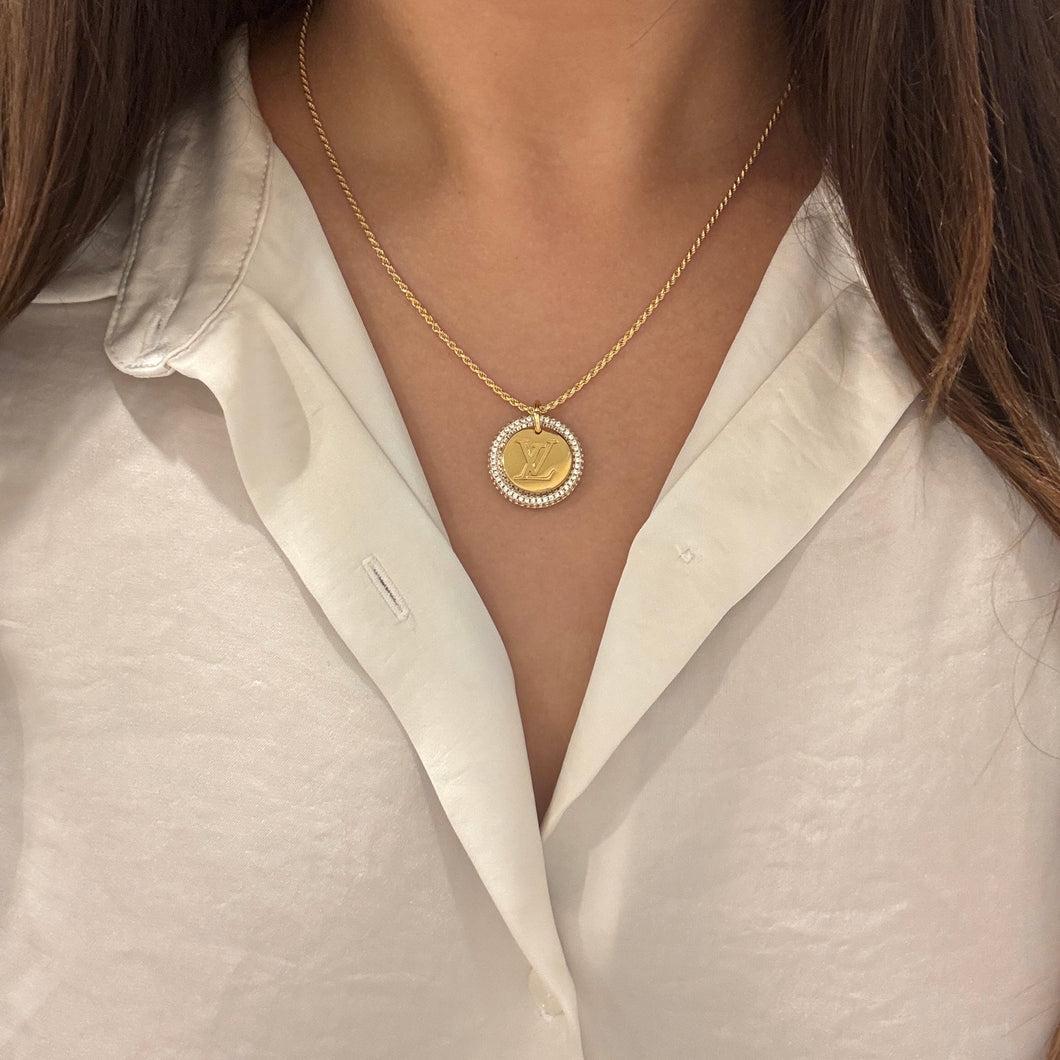 Authentic repurposed Louis Vuitton logo crystal necklace
