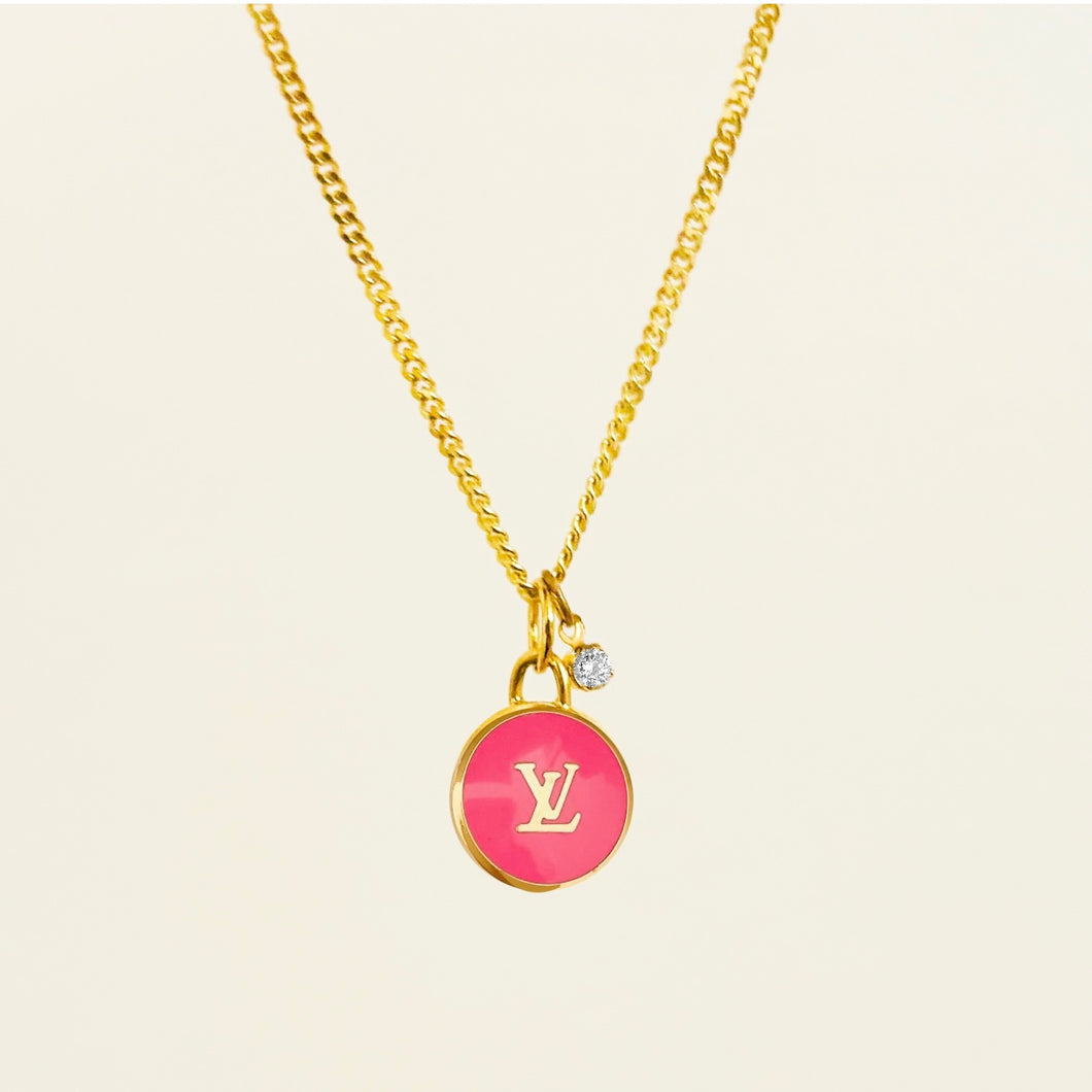 Authentic repurposed Louis Vuitton monogram necklace with crystal charm