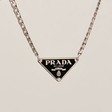 Load image into Gallery viewer, Authentic repurposed Prada 16” logo necklace - classic black silver PRE ORDER
